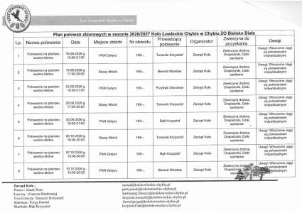 Plan polowań zbiorowych w sezonie 2026/2027 KŁ Chybie