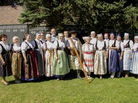 Zdjęcie grupowe delegacji z gminy Strumień w strojach regionalnych