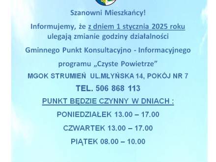 Zmiana godzin pracy punktu "Czyste Powietrze"