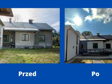 Budynek w Strumieniu w którym powstało w pełni wyposażone i umeblowane mieszkanie wspomagane dla osób usamodzielnionych w ramach projektu (zdjęcie przed i po)