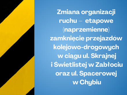 Zmiana organizacji ruchu – etapowe (naprzemienne) zamknięcie przejazdów kolejowo-drogowych w ciągu ul. Skrajnej i Świetlistej w Zabłociu oraz ul. Spacerowej w Chybiu