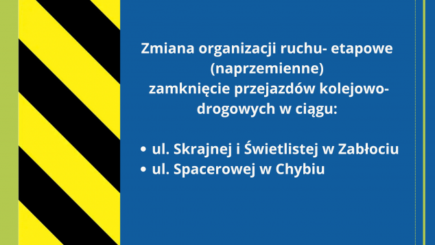 Zmiana organizacji ruchu  Etapowe (naprzemienne) zamknięcie przejazdów kolejowo-drogowych w ciągu ul. Skrajnej i Świetlistej w Zabłociu oraz ul. Spacerowej w Chybiu